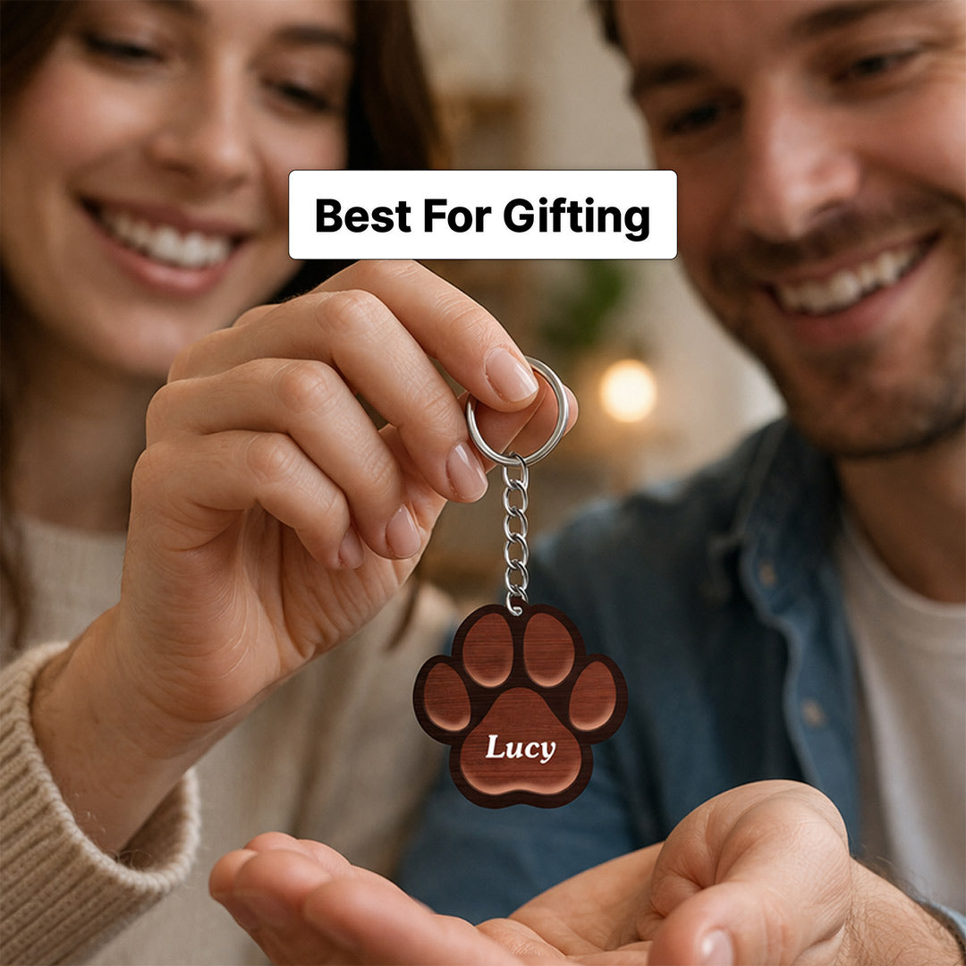 Personalized Pet Name Wooden Keychain Paw Shape – Custom Dog Name Keyring Gift (2.5 Inch) | Love Craft Gifts