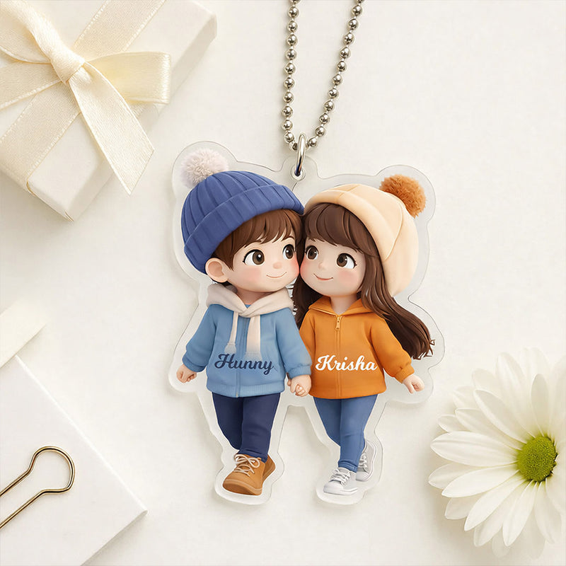 Personalized Cartoon Couple Acrylic Car Hanging – Custom Photo & Name Rearview Mirror Décor (2x2.5 Inch) | Love Craft Gifts