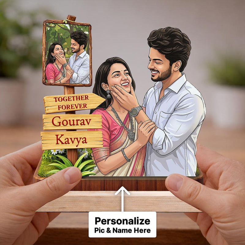 Personalized Couple Cartoon Wooden Table Stand – “Together Forever” Custom Photo & Name Stand (7x7 Inch) Romantic Gift for Boyfriend, Girlfriend & Anniversary | Love Craft Gifts