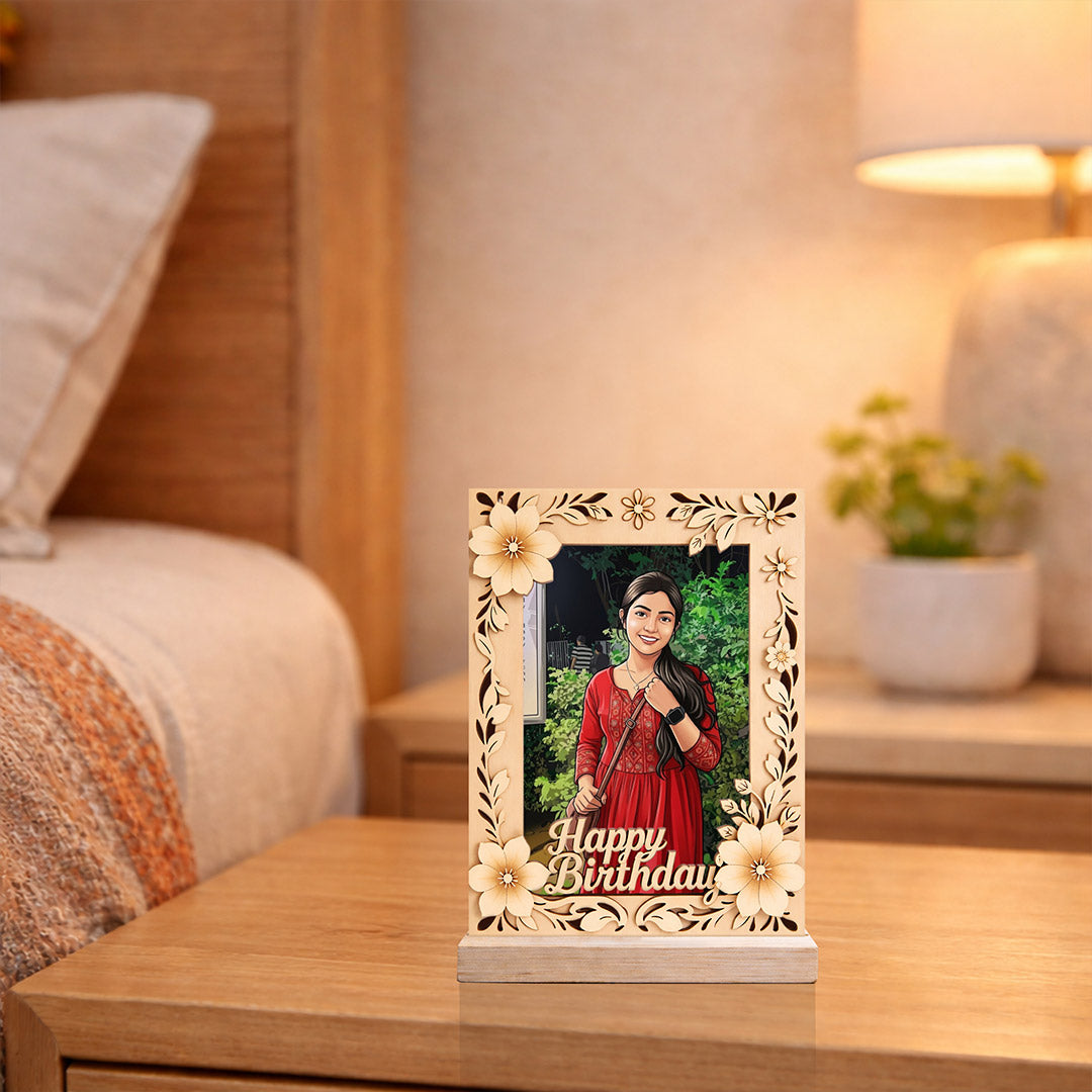 Personalized Birthday Wooden Photo Frame with Floral Design (6x8 Inch) Custom Photo Cartoon Table Top Décor Gift for Girls, Wife & Girlfriend | Love Craft Gifts