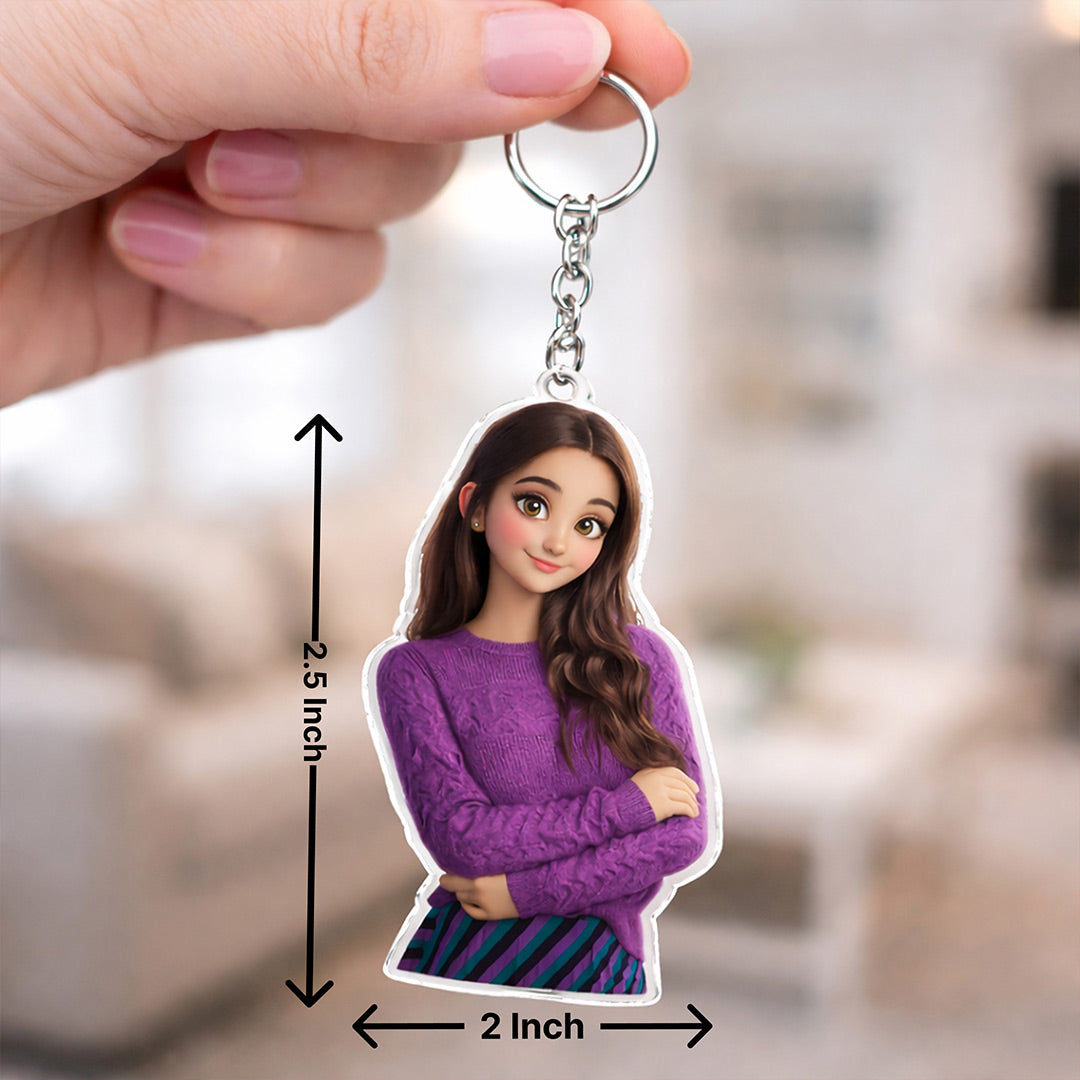 Personalized Girl Cartoon Acrylic Keychain – Custom Photo Cute Character Keyring (2x2.5 Inch) | Love Craft Gifts