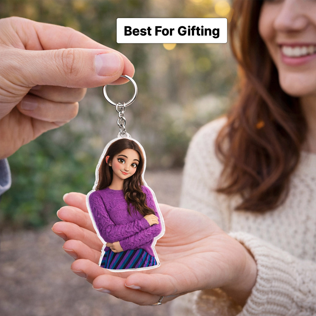 Personalized Girl Cartoon Acrylic Keychain – Custom Photo Cute Character Keyring (2x2.5 Inch) | Love Craft Gifts
