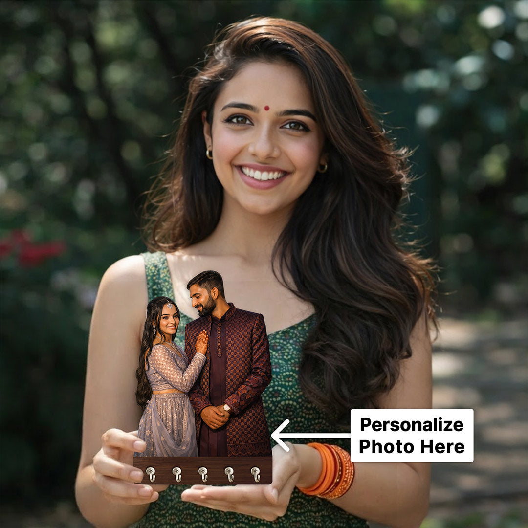 Personalized Couple Photo Key Holder Wooden Wall Hanger – Custom Picture Key Stand (6x8 Inch) | Love Craft Gifts