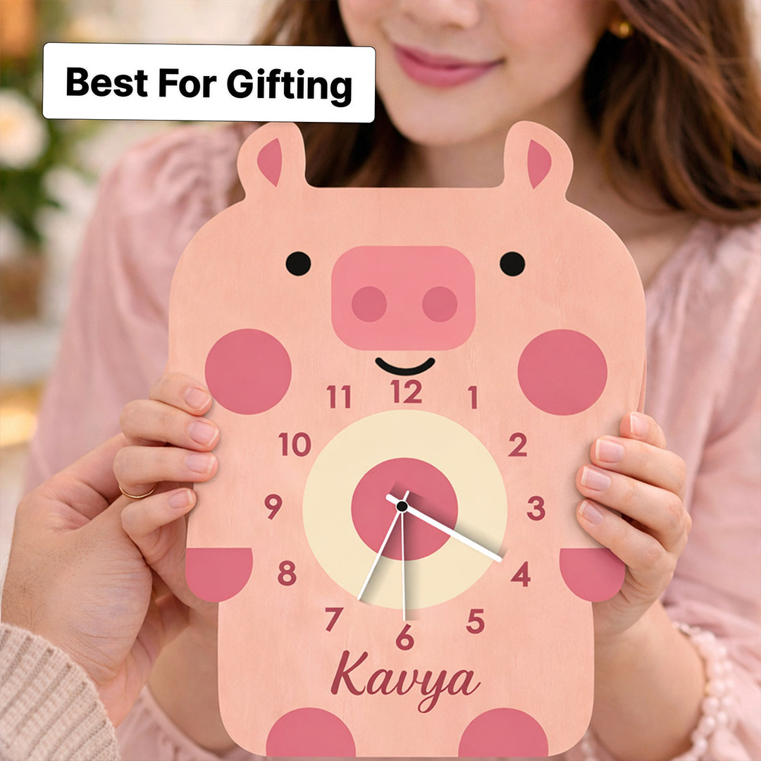 Personalized Pig Wooden Wall Clock Custom Name Kids Room Decor 8x10 Inch | Love Craft Gifts