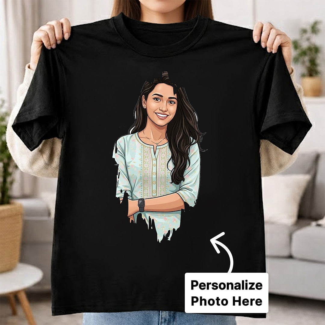 Personalized Drip Style Photo T-Shirt for Women – Custom Portrait Printed Black Tee (240–260 GSM) | Love Craft Gifts
