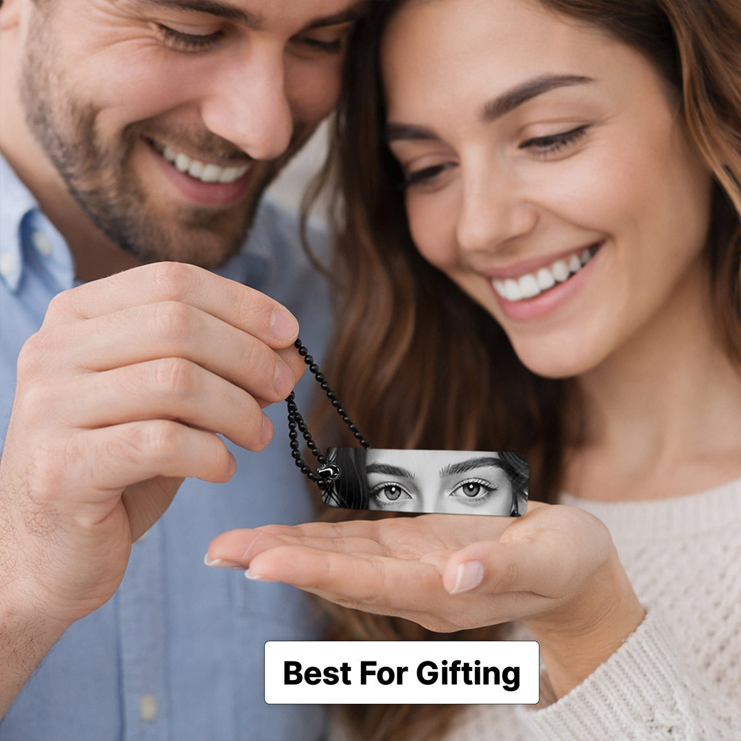 Personalized Eye Photo Bar Pendant Necklace – Custom Photo Vertical Charm Jewelry Gift for Girlfriend, Boyfriend & Couples | Love Craft Gifts