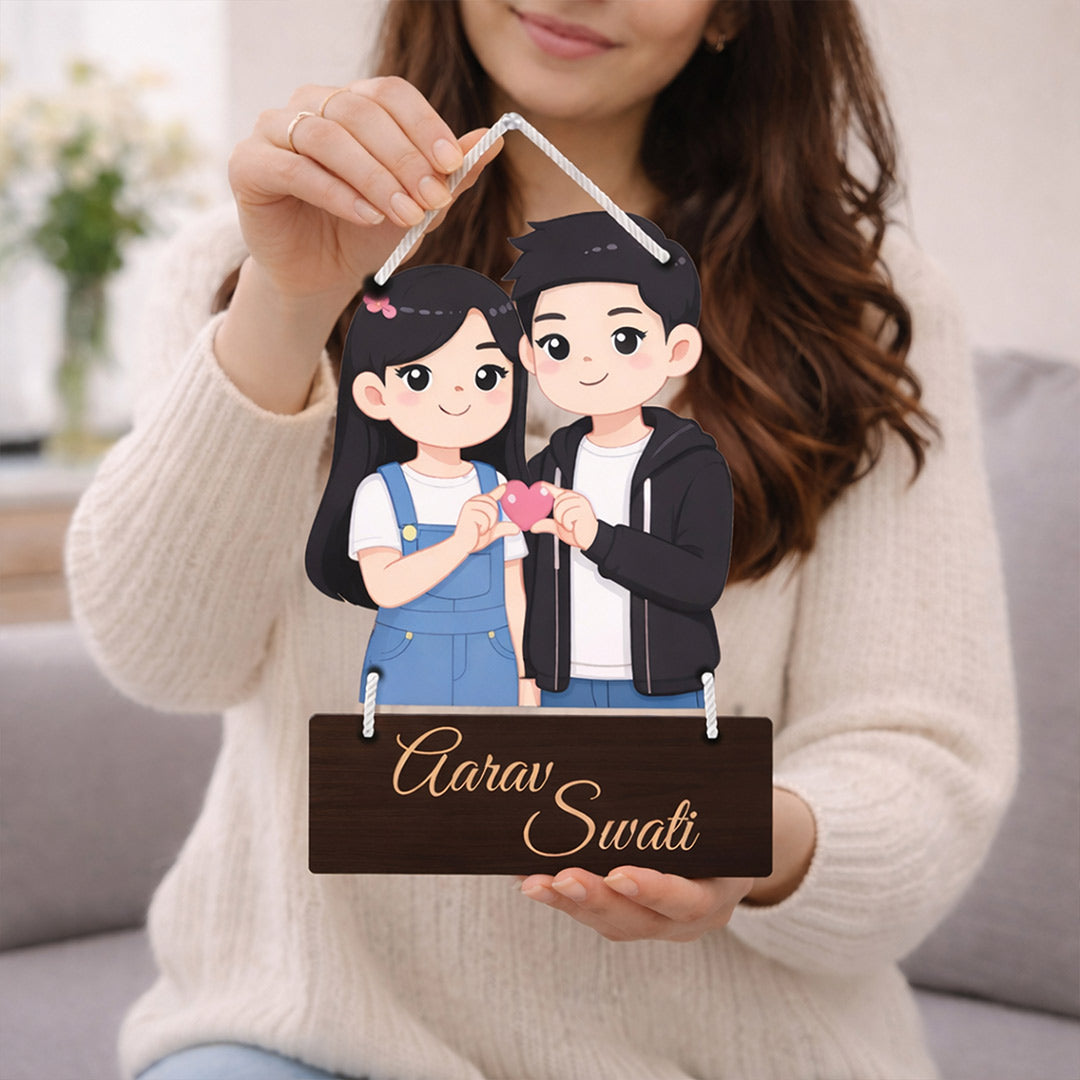 Personalized Couple Cartoon Hanging Frame – Custom Name Cute Wall Décor (9x13 Inch) | Love Craft Gifts