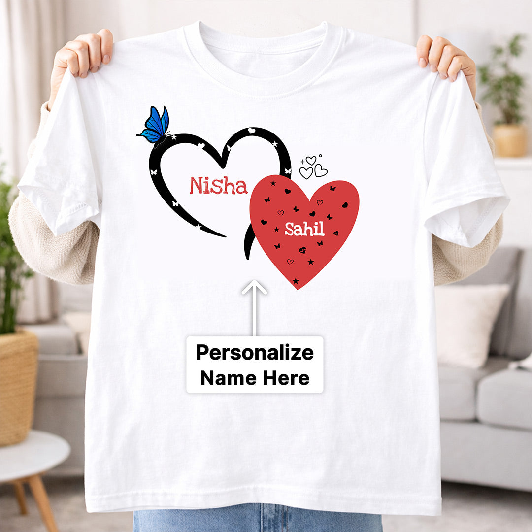 Personalized Couple Heart Name Print White T-Shirt – Unisex Casual Wear | Love Craft Gifts