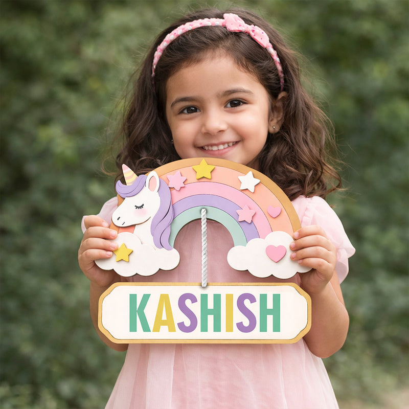 Personalized Unicorn Rainbow Name Wooden Hanging Wall Décor (9x8 Inch) | Love Craft Gifts