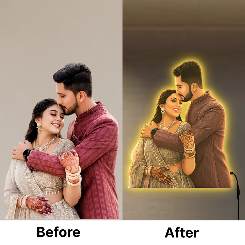 Personalized AI Cartoon Wooden 3D LED Photo Cutout Gift for Couple (14 x 24 Inch) – Custom Wedding Photo LED Lamp for Anniversary, Bride & Groom Gifts | Love Craft Gifts™