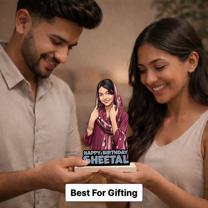 Personalized Birthday Cartoon Wooden Table Stand – Custom Photo Cutout Gift for Her (5x8 Inch) | Love Craft Gifts™