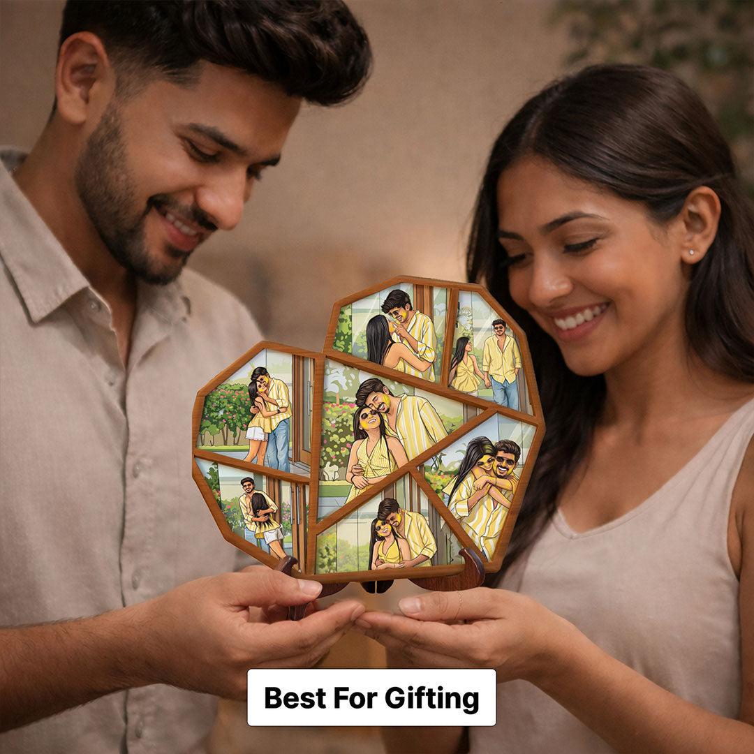 Personalized Multi Photo Wooden Collage Frame Table Stand – Custom Cartoon Photo Mosaic Frame Gift for Couples, Friends & Family (9x9 Inch) | Love Craft Gifts