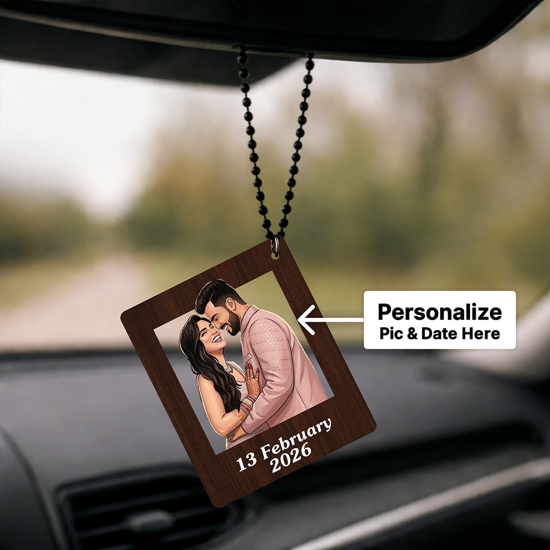 Personalized Photo Cutout Car Hanging Frame – Custom Couple Date Wooden Rear View Mirror Charm (2.5x3 Inch)