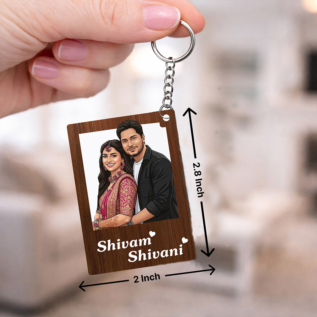 Personalized Photo Cutout Wooden Keychain – Custom Couple Name Frame Keyring (2x2.8 Inch) | Love Craft Gifts