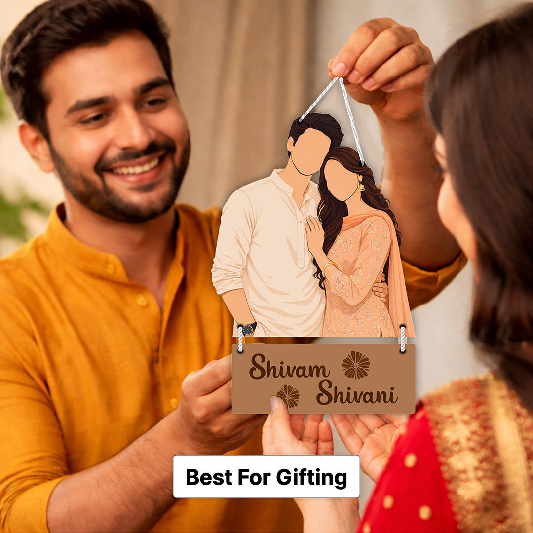 Personalized Faceless Couple Wooden Wall Hanging Frame – Custom Photo & Name Romantic Hanging Décor (8x12 Inch) | Love Craft Gifts