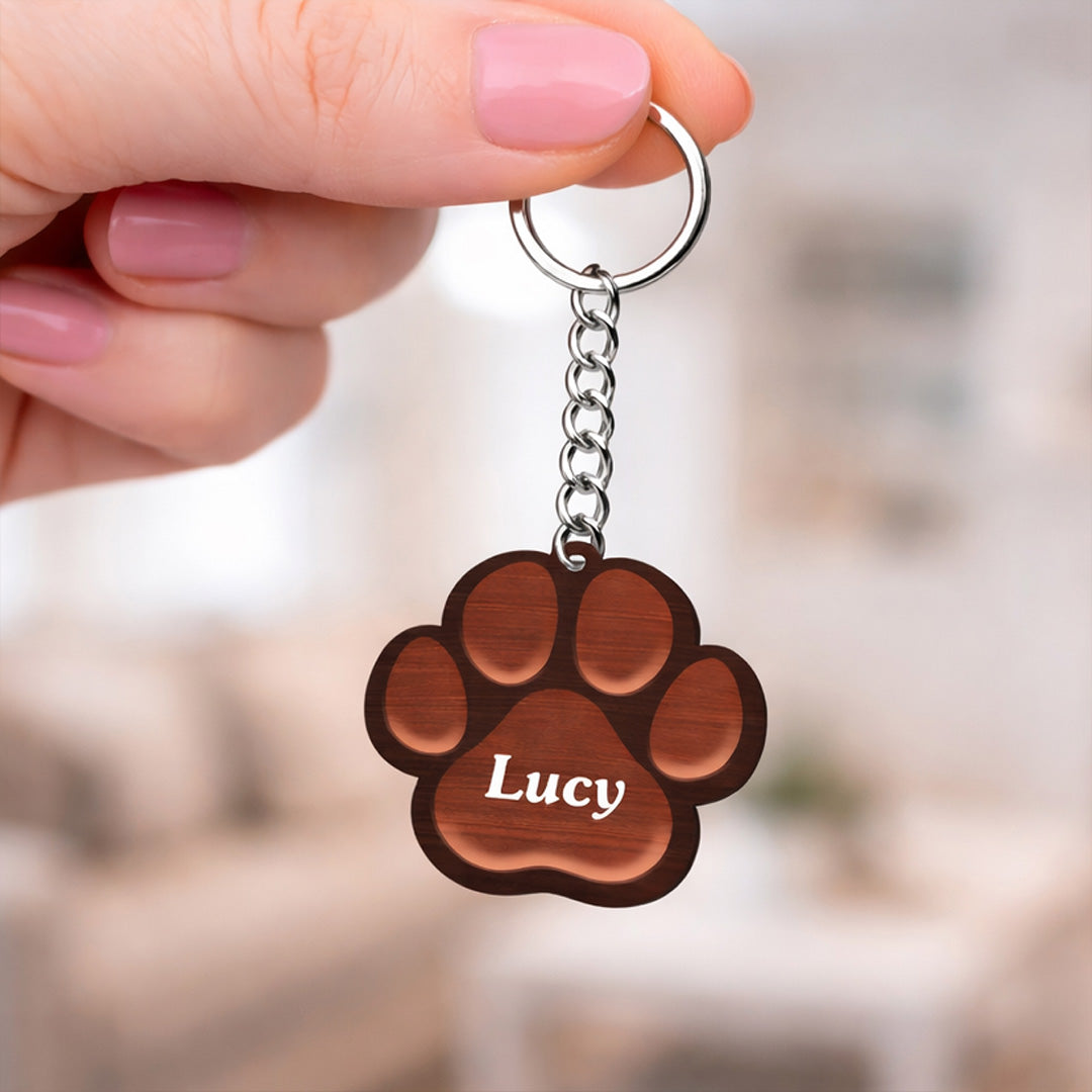 Personalized Pet Name Wooden Keychain Paw Shape – Custom Dog Name Keyring Gift (2.5 Inch) | Love Craft Gifts
