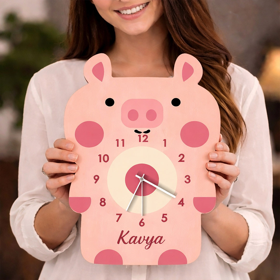 Personalized Pig Wooden Wall Clock Custom Name Kids Room Decor 8x10 Inch | Love Craft Gifts