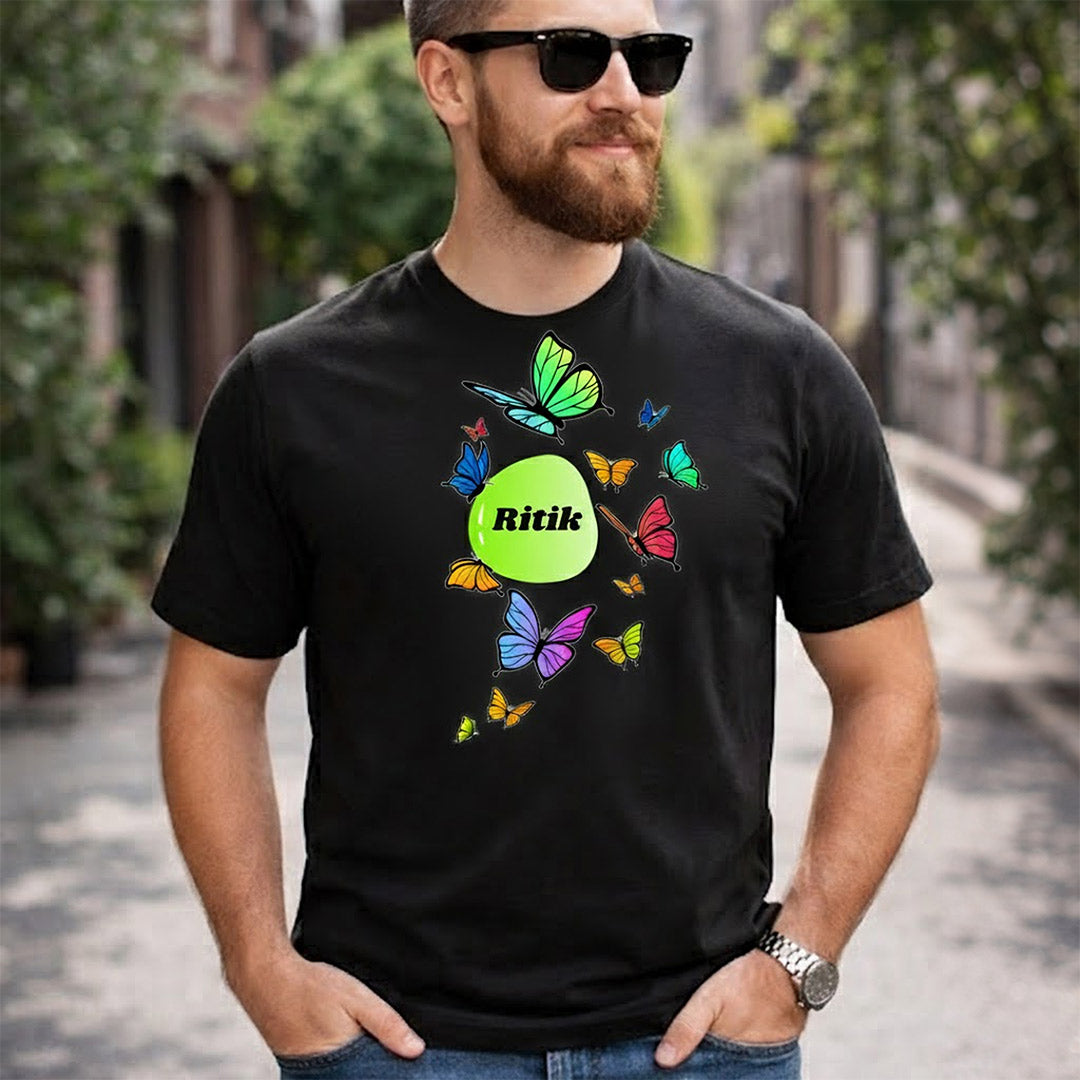 Personalized Butterfly Name Print Black T-Shirt – Custom Name Unisex Tee | Love Craft Gifts