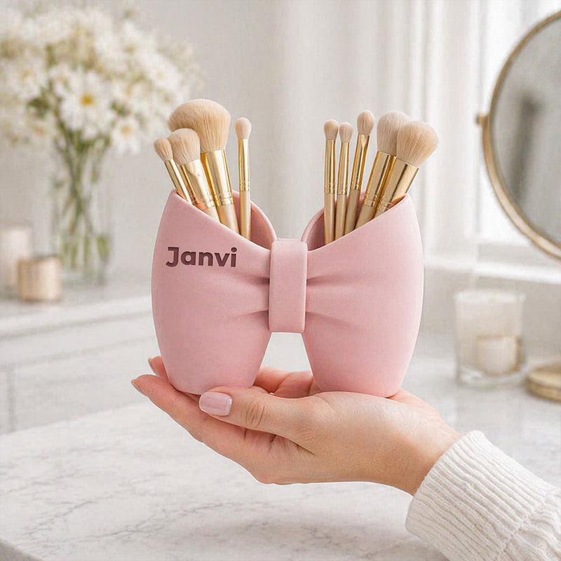 Personalized Bow Makeup Brush Holder Organizer (Standard Size) – Custom Name Vanity Storage Gift | Love Craft Gifts™
