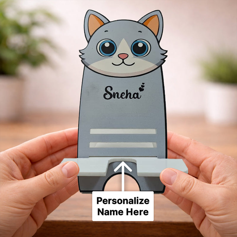 Personalized Cute Cat Mobile Stand with Name Custom Print (4x7 Inch) Cartoon Phone Holder Desk Stand Gift for Kids, Girls & Friends | Love Craft Gifts