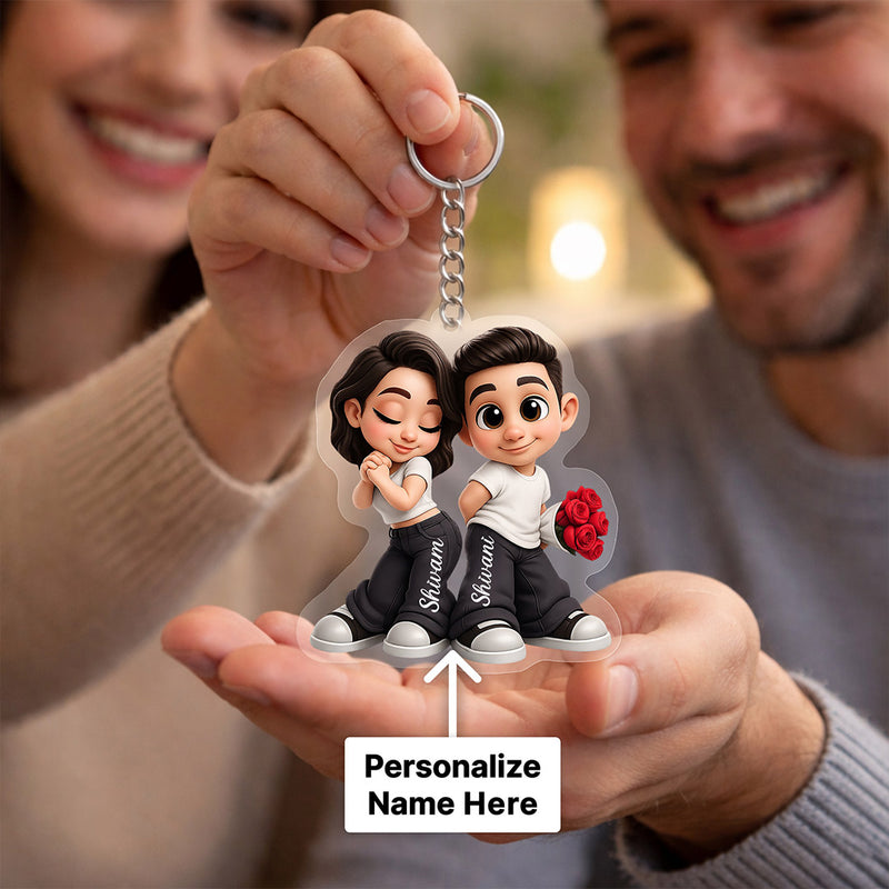 Personalized Cute Couple Cartoon Keychain – Custom Name Acrylic Keyring Gift for Boyfriend, Girlfriend & Couples | Romantic Mini Gift | Love Craft Gifts