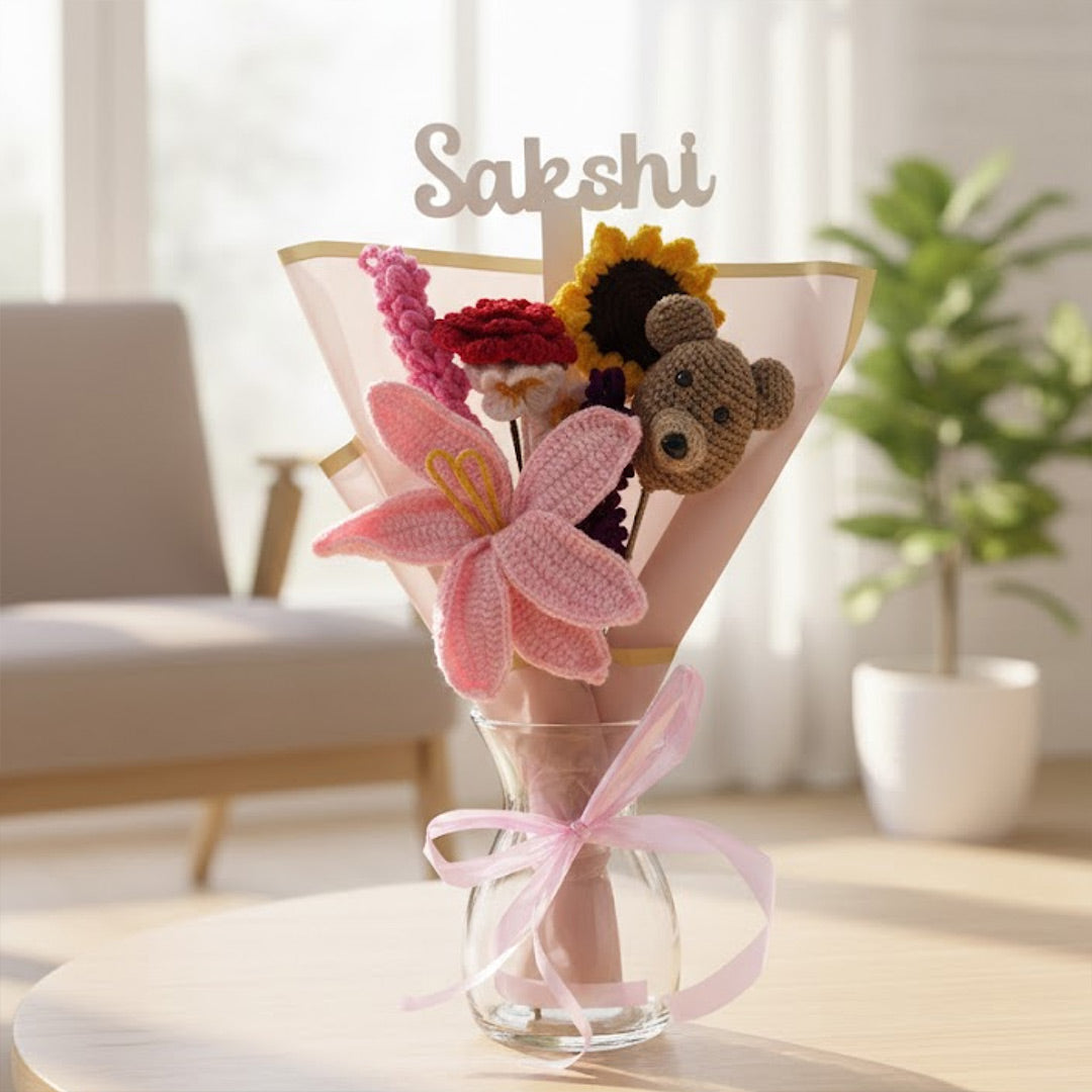 Personalized Teddy Rose Crochet Bouquet – Handmade Forever Flower Gift | Love Craft Gifts
