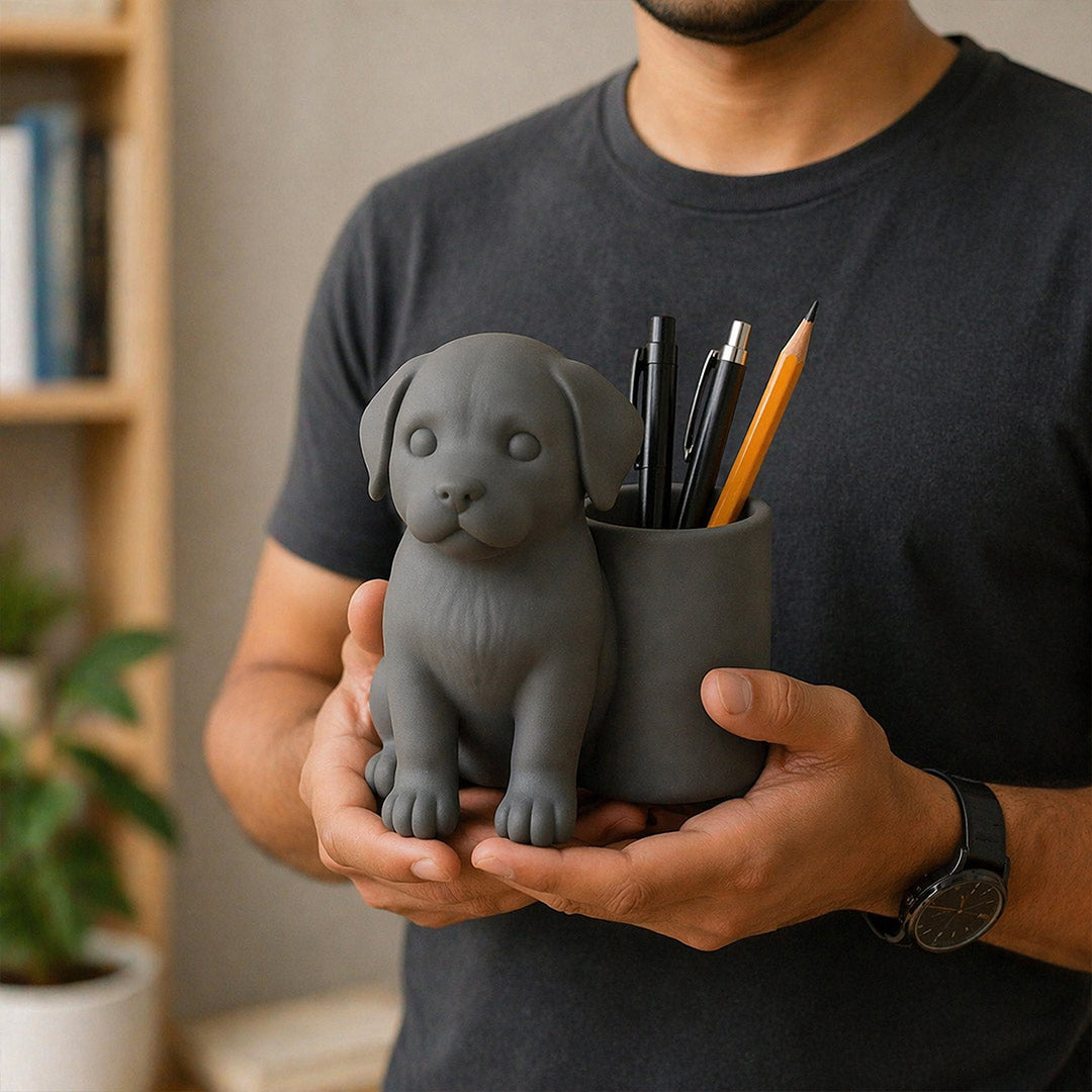 Personalized Grey Dog Pen Holder – Custom Name Cute Desk Organizer Gift for Dog Lovers | Love Craft Gifts™