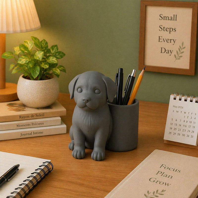 Personalized Grey Dog Pen Holder – Custom Name Cute Desk Organizer Gift for Dog Lovers | Love Craft Gifts™