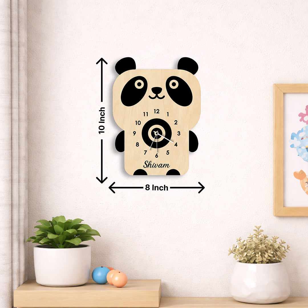 Personalized Panda Wooden Wall Clock Custom Name Kids Room Decor 8x10 Inch | Love Craft Gifts