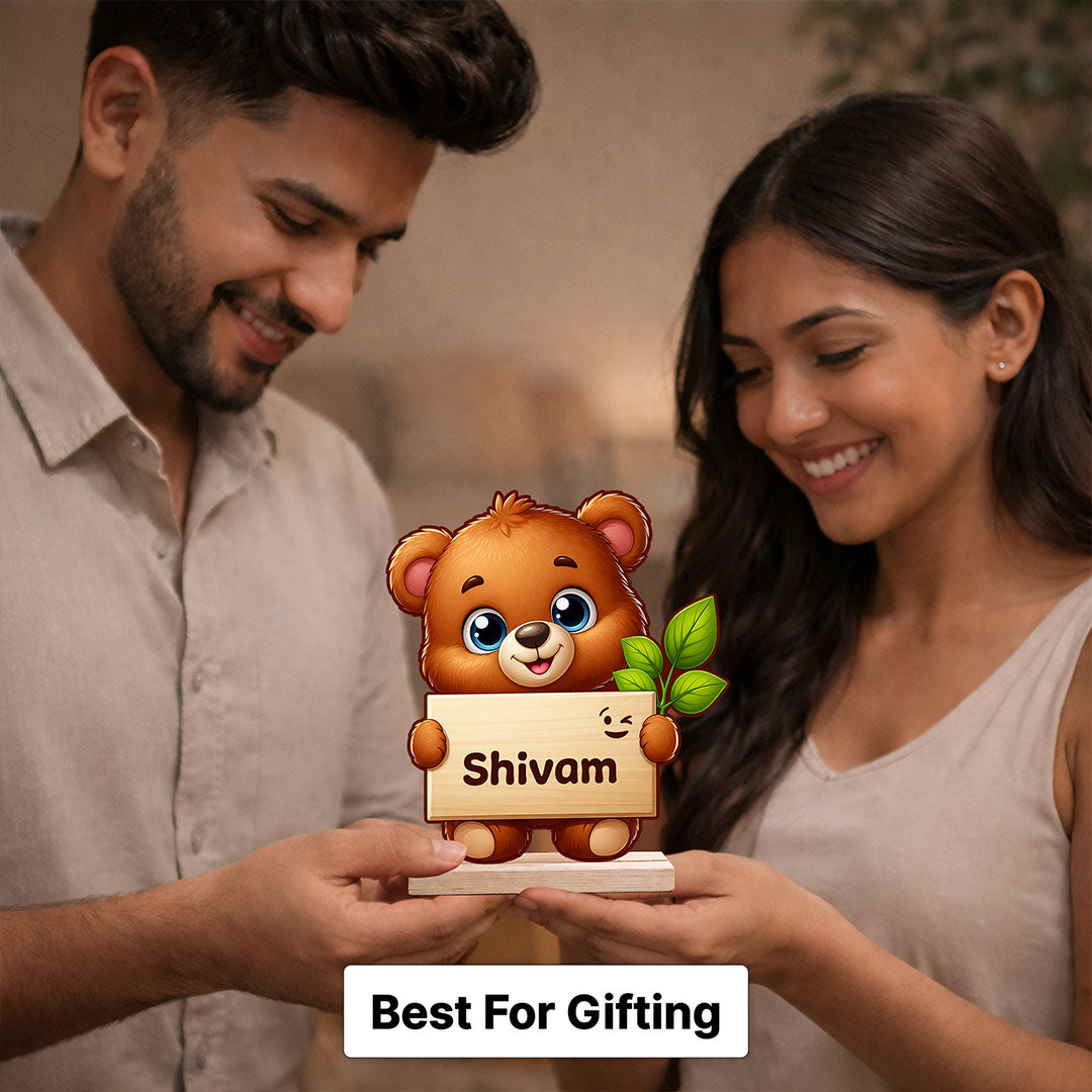 Personalized Cute Teddy Name Stand 6x6 Inch – Custom Wooden Cartoon Table Decor Gift | Love Craft Gifts™