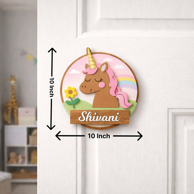 Personalized Kids Unicorn Name Wooden Door Sign Cute Cartoon Wall Decor 10x10" | Love Craft Gifts