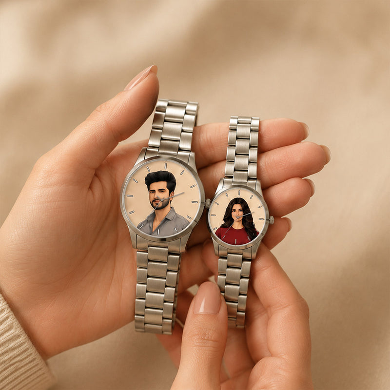 Personalized His & Her Photo Watch Set | Custom Individual Photo Dial Couple Watches | Silver-Tone Matching Wristwatches | Love Craft Gifts™