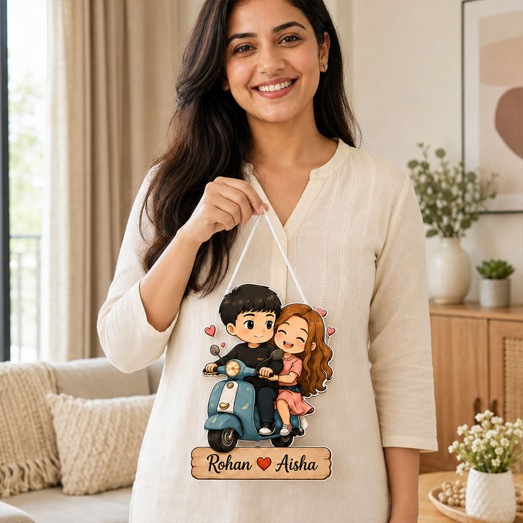 Personalized Couple Scooter Wooden Hanger | Cute Cartoon Couple Wall Décor | Romantic Wooden Hanging Gift | 8x12" | Love Craft Gifts™