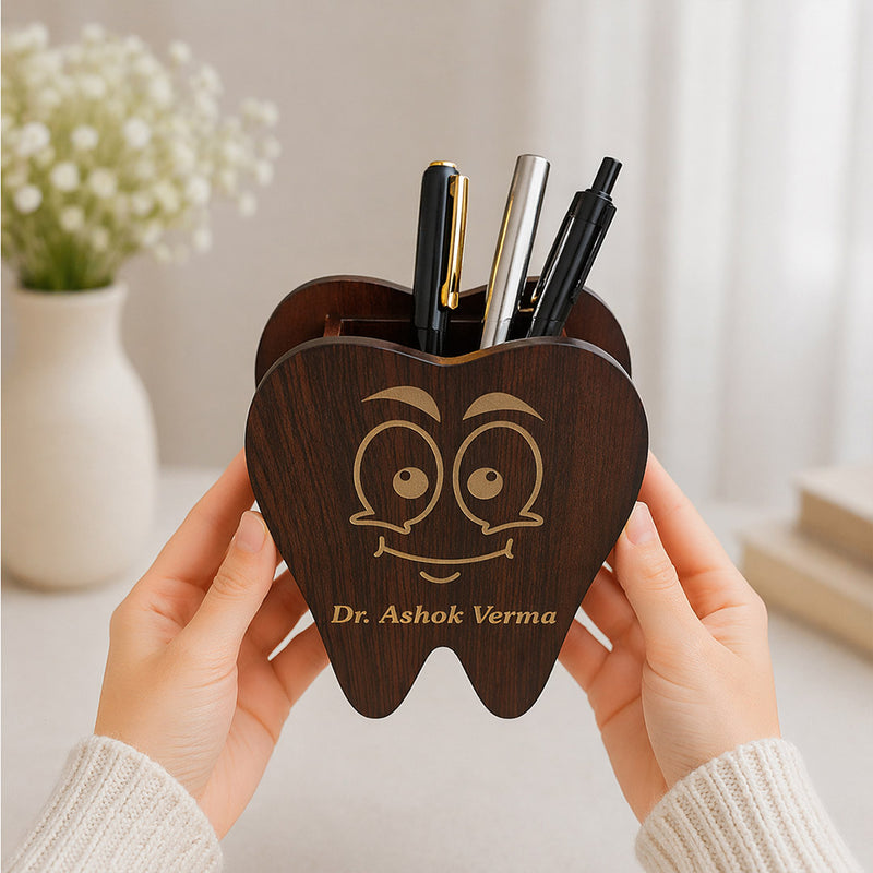 Personalized Dentist Tooth Pen Stand 4x5 Inch – Custom Name Wooden Desk Organizer Gift for Doctors | Love Craft Gifts™