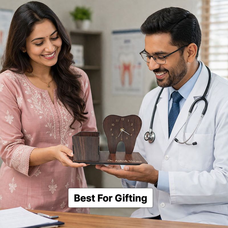Personalized Dentist Tooth Wooden Table Organizer with Clock & Pen Holder (8x5 Inch) – Custom Name Desk Stand Gift for Doctor, Dentist Clinic Décor | Love Craft Gifts