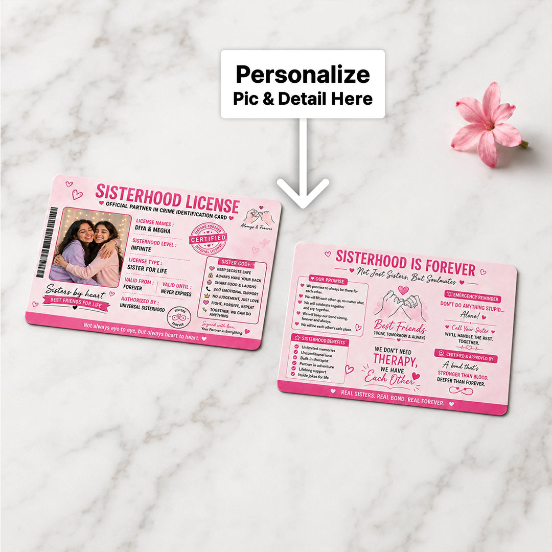 Personalized Sisterhood License Photo Card | Sister for Life Keepsake Gift | Love Craft Gifts™