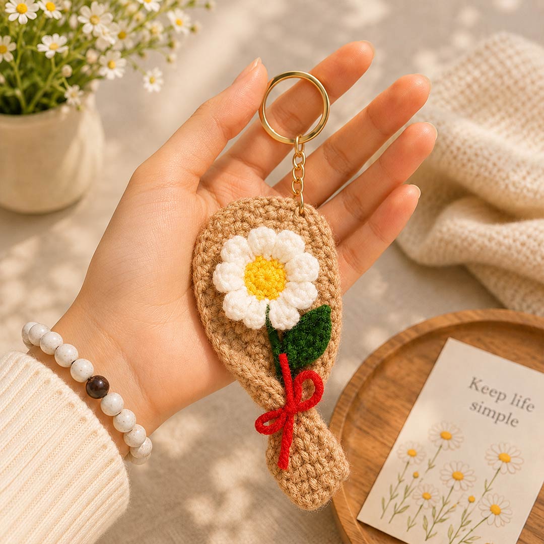 Crochet Daisy Flower Keychain with Red Bow | Cute Handmade-Style Floral Bag Charm | Love Craft Gifts™