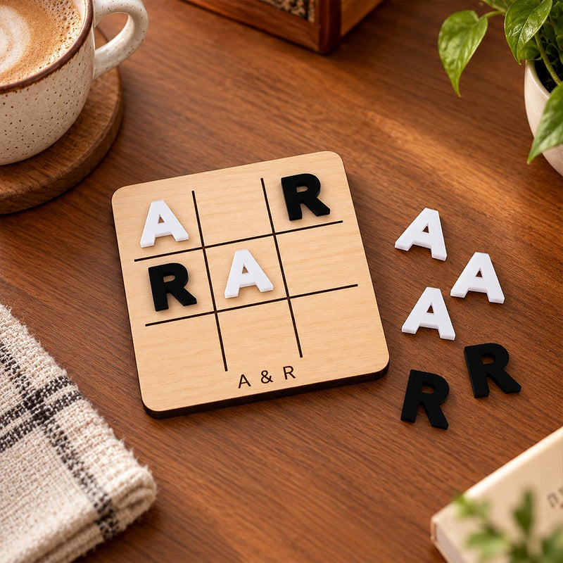 Personalized Couple Initials Tic Tac Toe Game 6x6" | Custom Two Letter Romantic Game Board for Anniversary, Wedding & Couple Gifting | Love Craft Gifts™