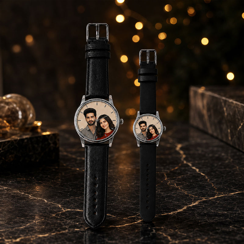 Personalized Couple Photo Watch Set with Black Straps | Custom His & Her Photo Watches | Romantic Couple Gift | Love Craft Gifts™