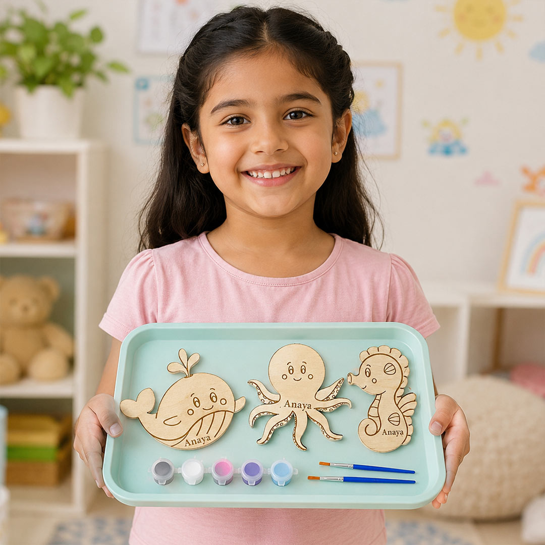 Personalized DIY Sea Animals Painting Kit for Kids 3" | Wooden Ocean Animals Art & Craft Set | Creative Gift for Kids | Love Craft Gifts™