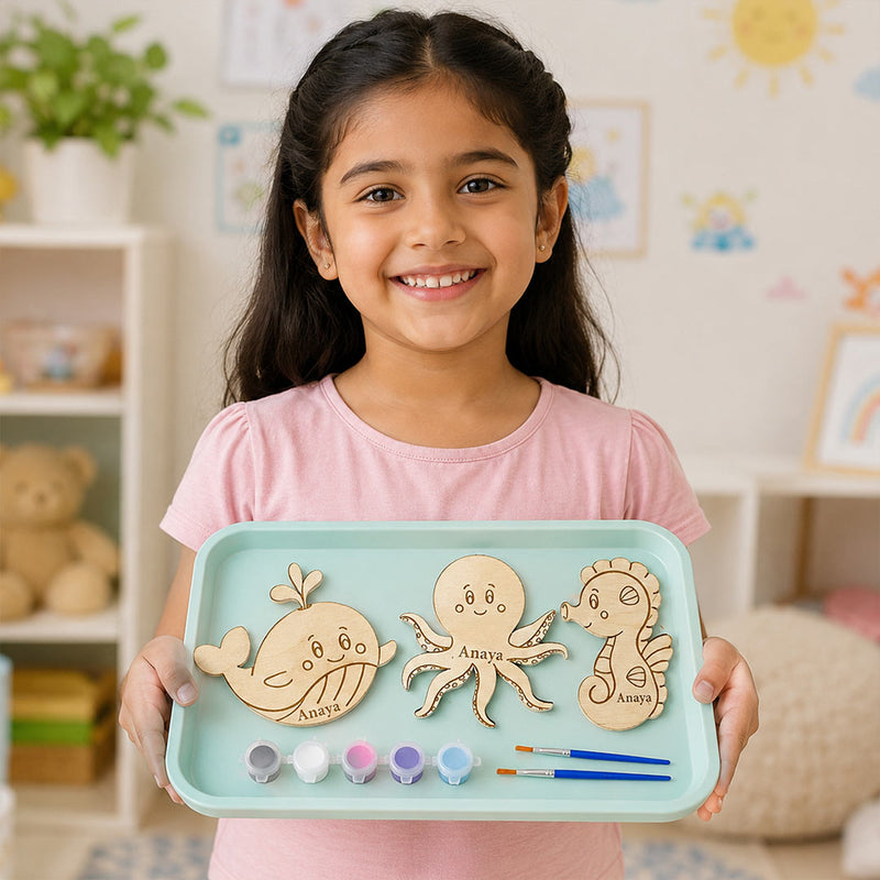 Personalized DIY Sea Animals Painting Kit for Kids 3" | Wooden Ocean Animals Art & Craft Set | Creative Gift for Kids | Love Craft Gifts™