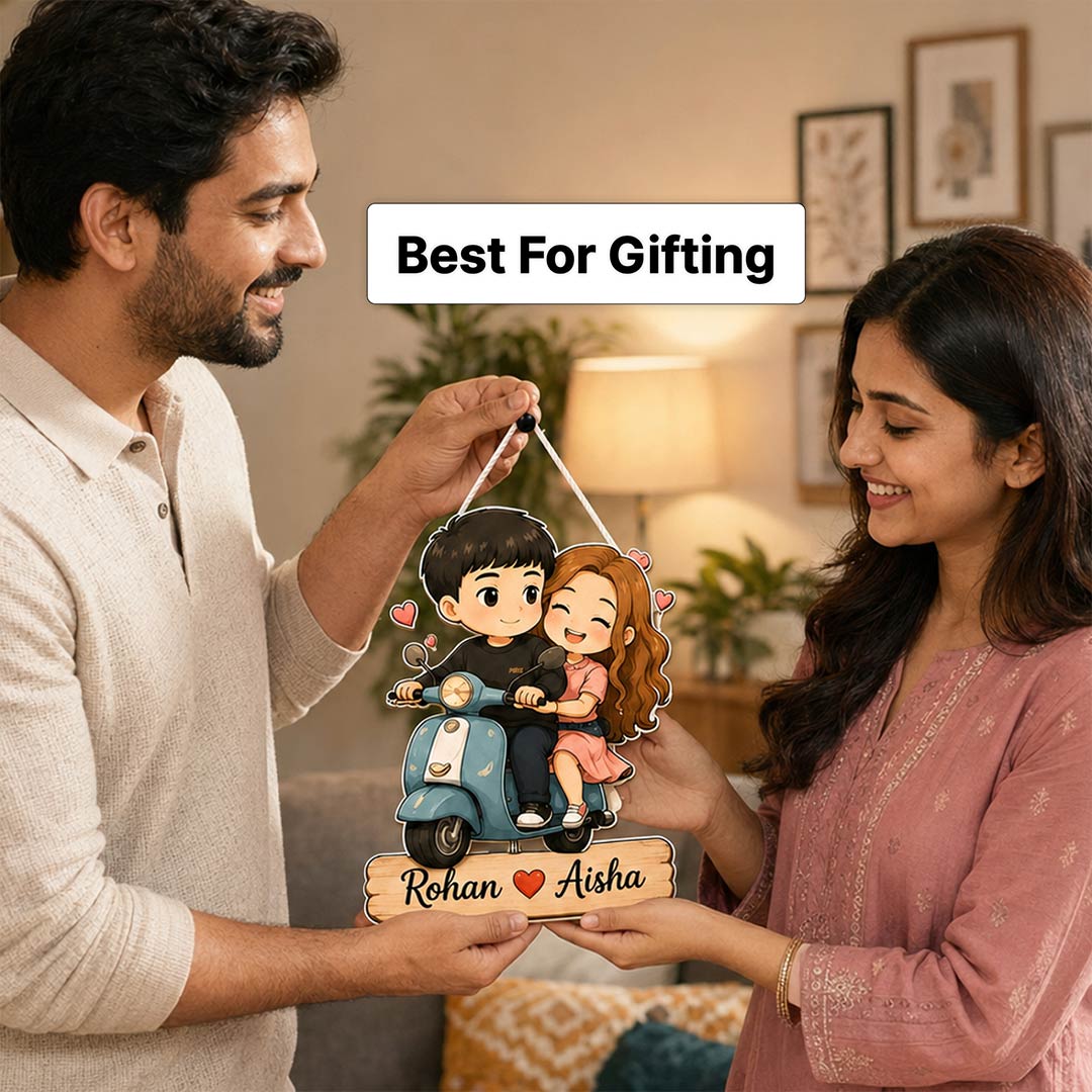 Personalized Couple Scooter Wooden Hanger | Cute Cartoon Couple Wall Décor | Romantic Wooden Hanging Gift | 8x12" | Love Craft Gifts™