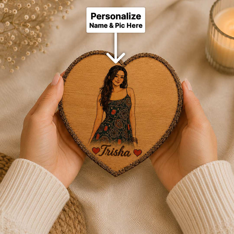 Personalized Wooden Heart Slice Girl Portrait Art | Personalized Wall Décor Gift for Daughter, Sister, Friend & Her | 7x7" | Love Craft Gifts™