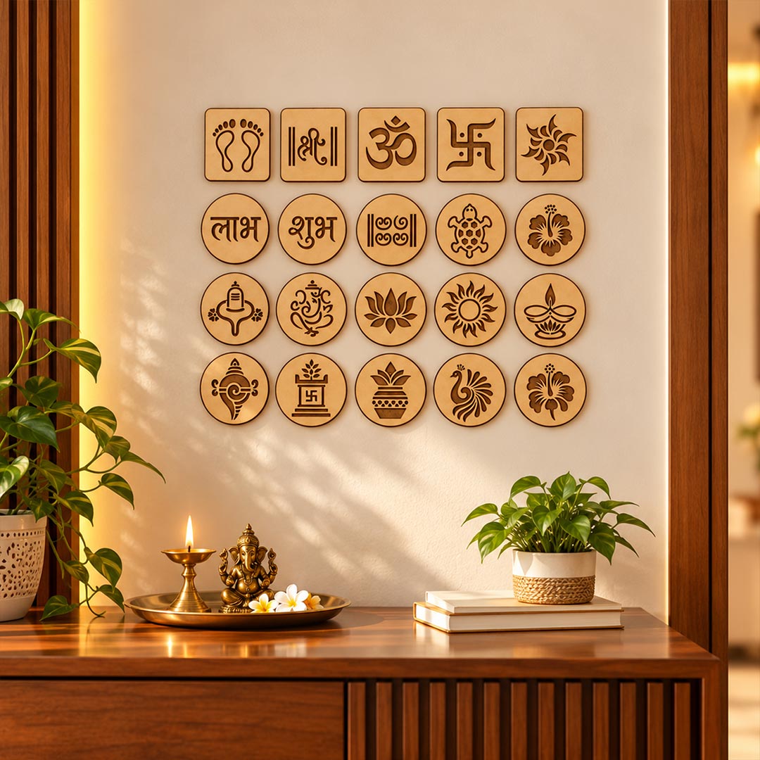 Auspicious Symbols Decor Set 3x3" | Om, Swastik, Shubh Labh, Lakshmi Charan, Ganesha, Lotus, Diya & Traditional Pooja Decor | Love Craft Gifts™