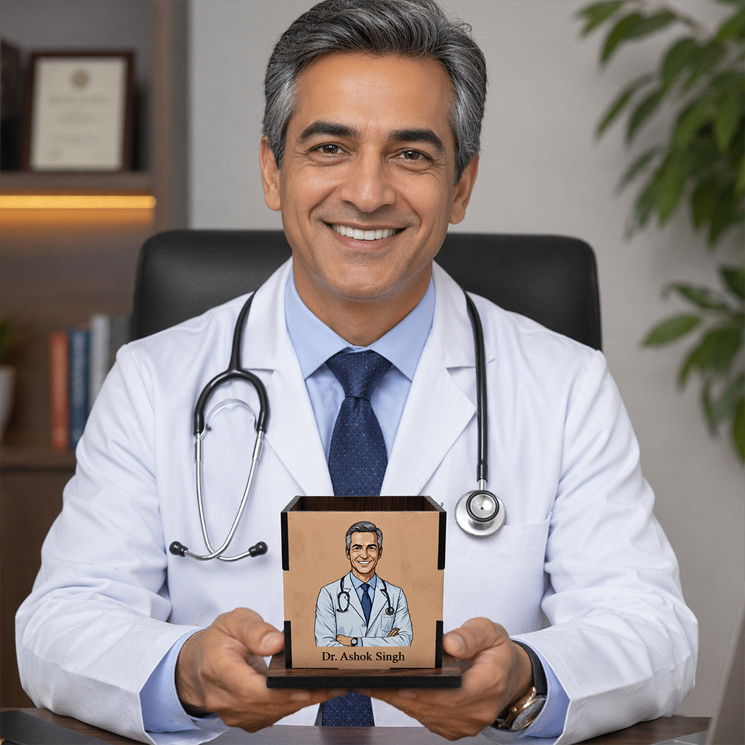 Personalized Doctor Wooden Pen Stand with Custom Cartoon Portrait – Premium Desk Organizer with Name (3.5 x 3.5 Inch) Professional Gift | Love Craft Gifts™