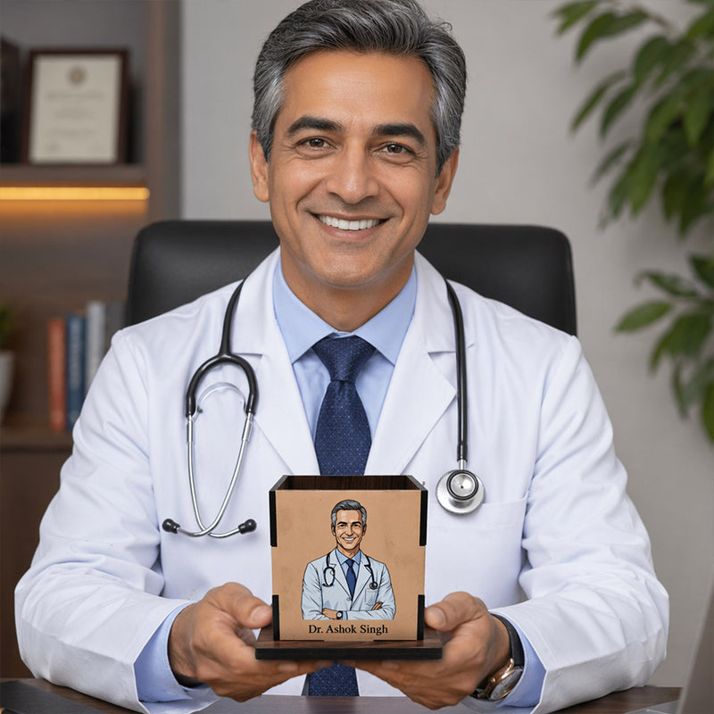 Personalized Doctor Wooden Pen Stand with Custom Cartoon Portrait – Premium Desk Organizer with Name (3.5 x 3.5 Inch) Professional Gift | Love Craft Gifts™