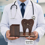 Personalized Dentist Tooth Wooden Table Organizer with Clock & Pen Holder (8x5 Inch) – Custom Name Desk Stand Gift for Doctor, Dentist Clinic Décor | Love Craft Gifts