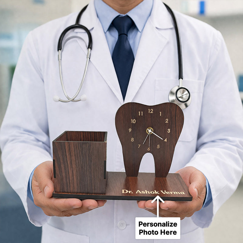 Personalized Dentist Tooth Wooden Table Organizer with Clock & Pen Holder (8x5 Inch) – Custom Name Desk Stand Gift for Doctor, Dentist Clinic Décor | Love Craft Gifts