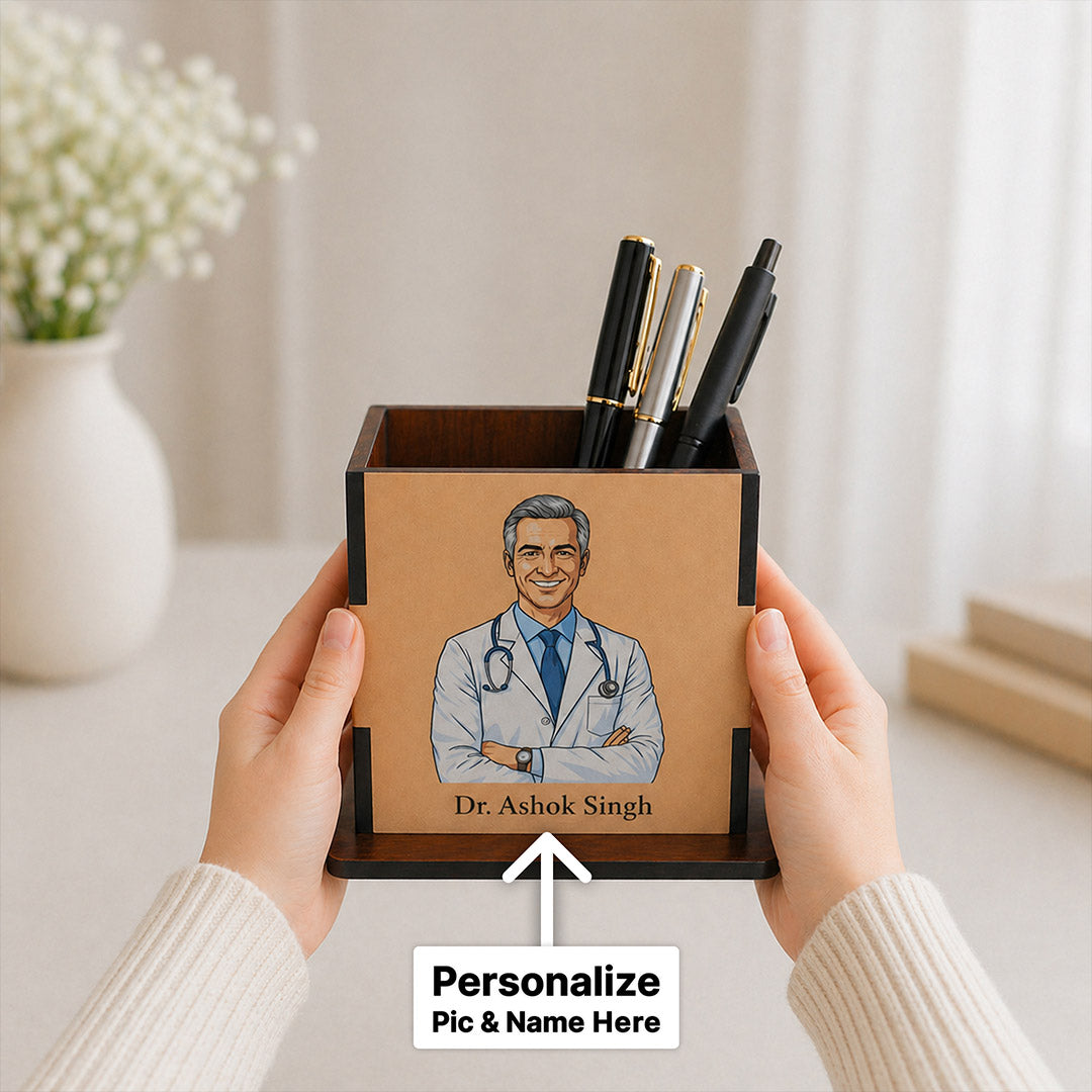 Personalized Doctor Wooden Pen Stand with Custom Cartoon Portrait – Premium Desk Organizer with Name (3.5 x 3.5 Inch) Professional Gift | Love Craft Gifts™