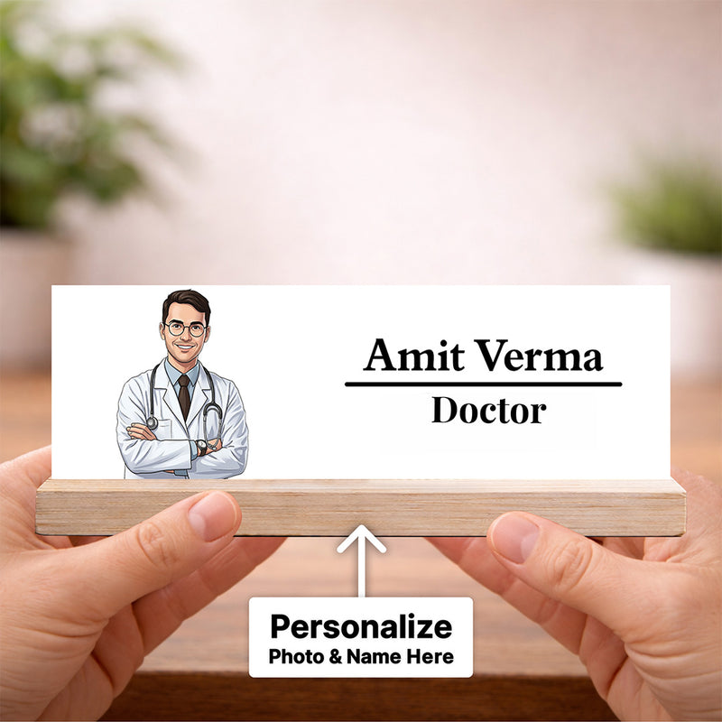 Personalized Doctor Name Plate Wooden Desk Stand (7.5x2 Inch) – Custom Photo & Name Table Nameplate Gift for Doctor, Clinic & Office Desk Décor | Love Craft Gifts